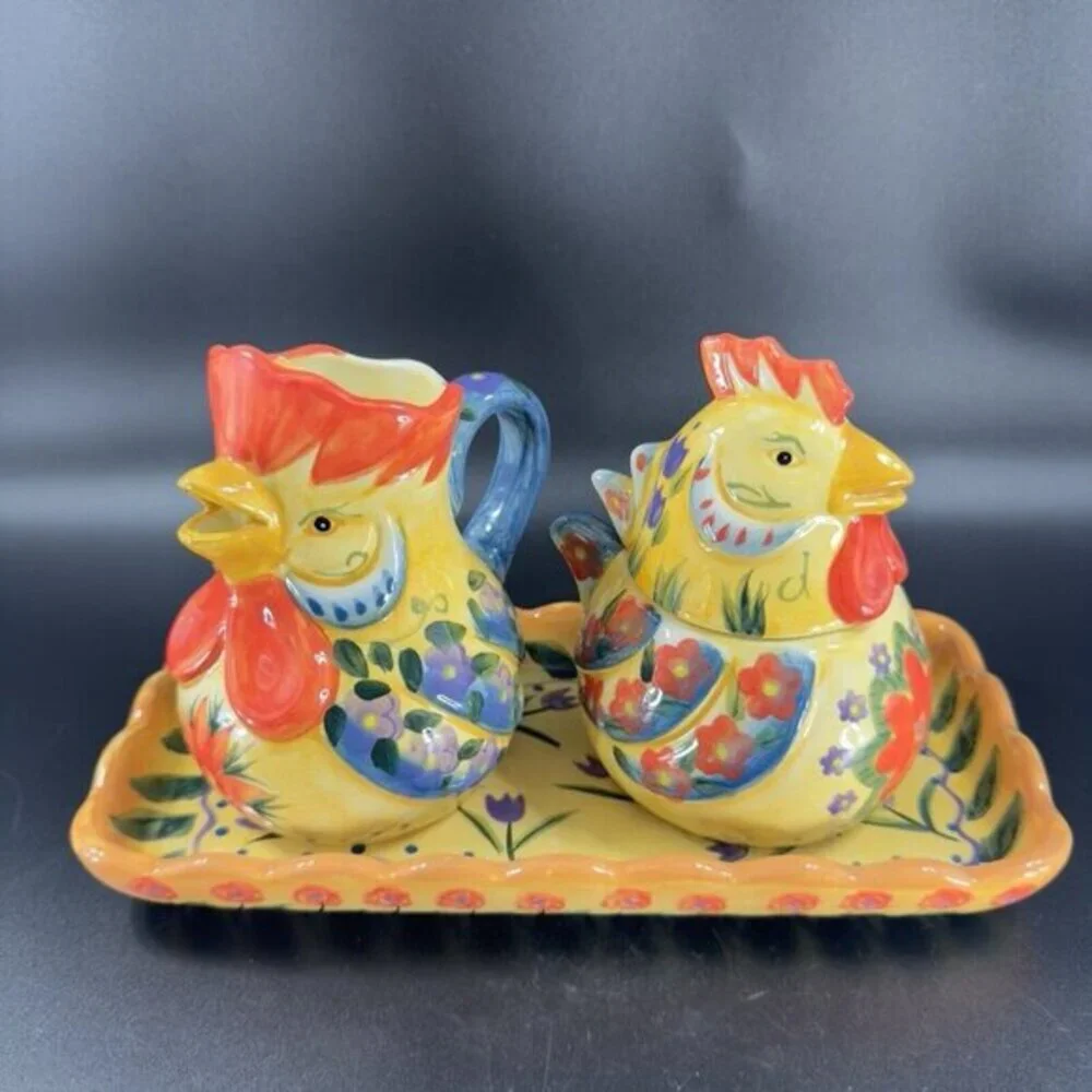 Fontana‎ Dario Farrucci Collection Set Rooster Sugar Bowl Creamer And Tray Set